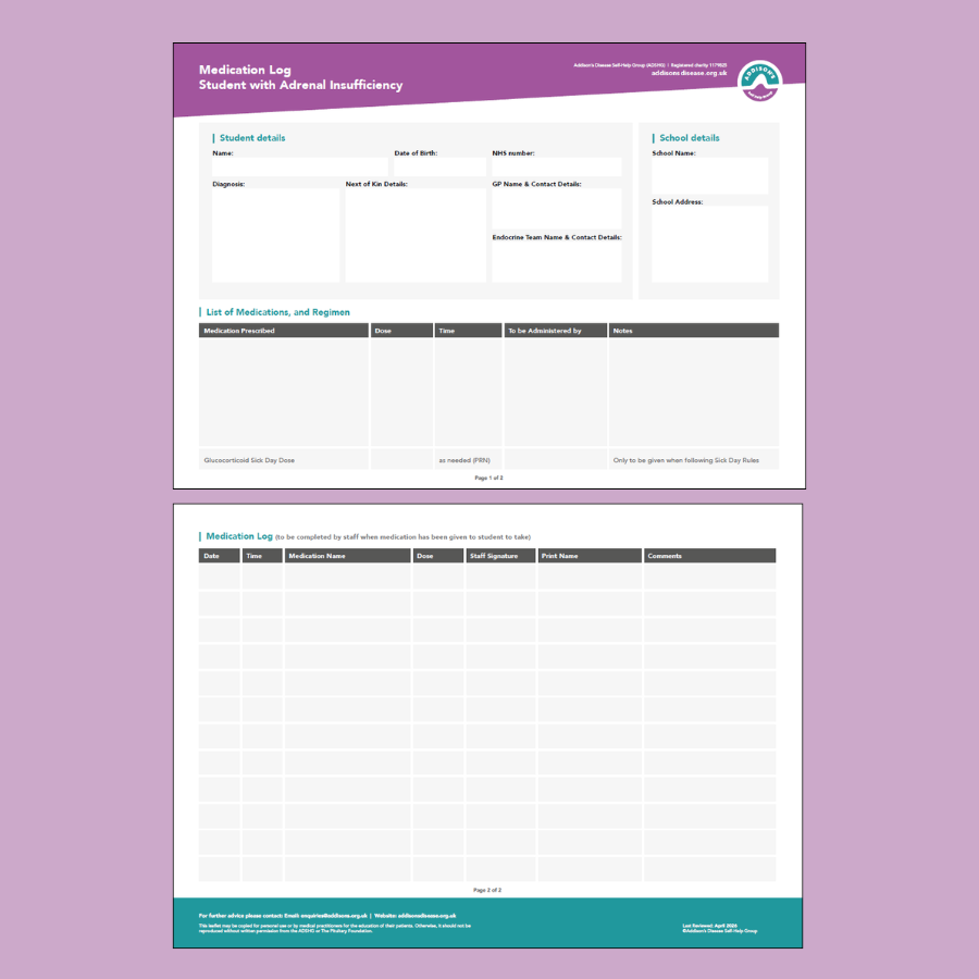 Secondary School Medication Log Sheet