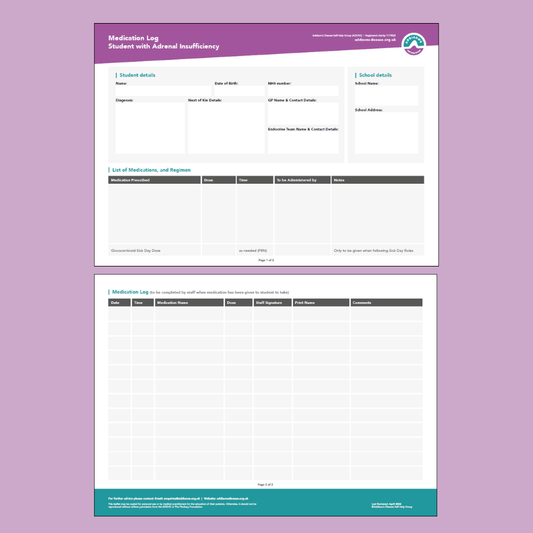 Secondary School Medication Log Sheet